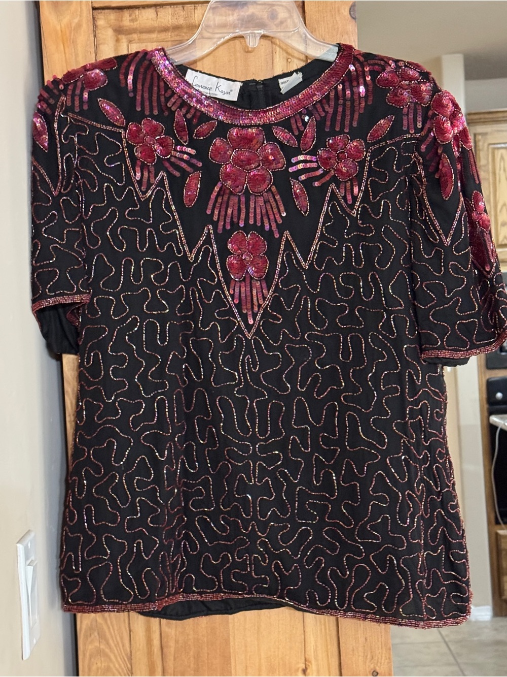 Laurence Kazar Vintage 100% Silk Beaded Sequin Top Black Burgundy XL